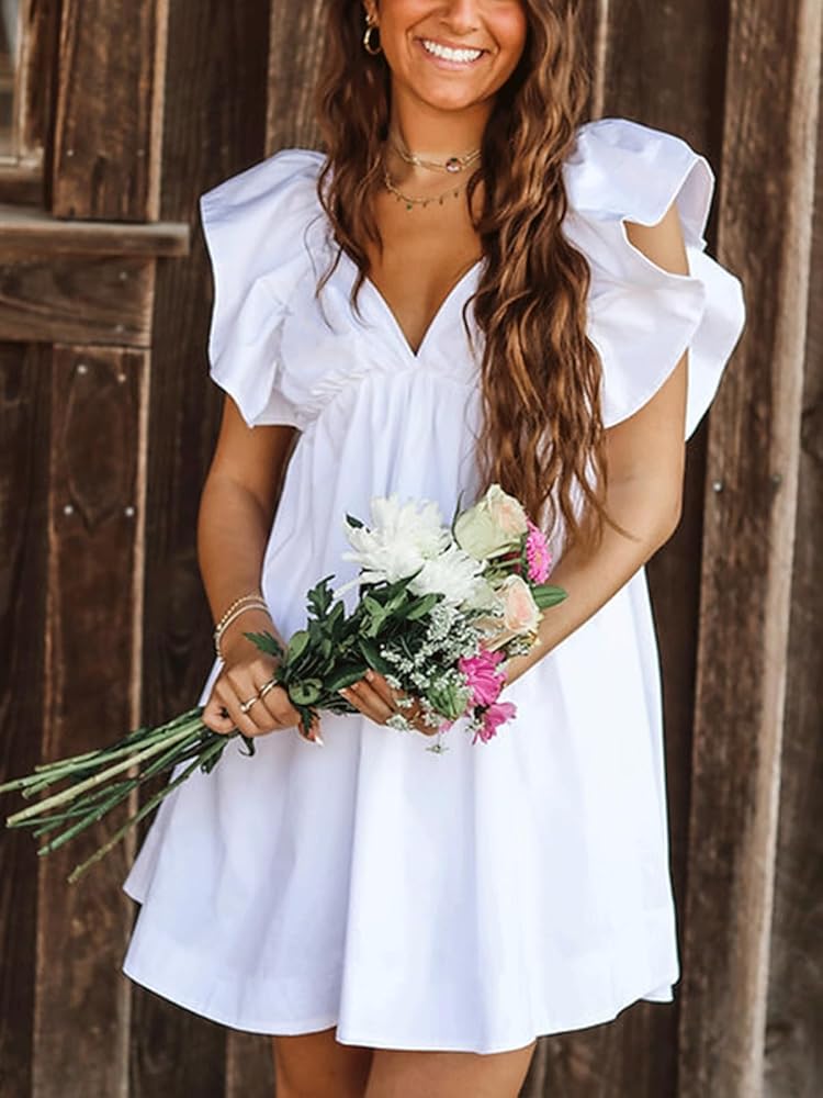 Amazon.com: hibshaby Sexy Deep V Neck Ruffle Sleeve Mini Backless